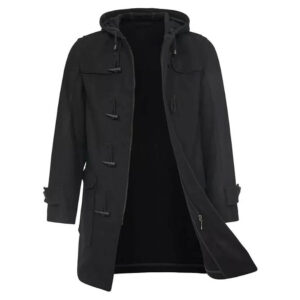 Mens Black Wool Coat Button Overcoat Winter Warm Hoodie Mid Length Trench Coat