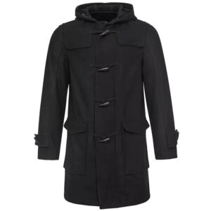 Mens Black Wool Duffle Coat Hooded Button Overcoat Winter Warm Hoodie Mid Length Trench Coat