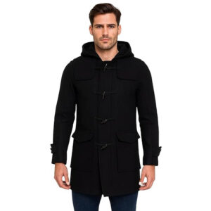 Men’s Black Wool Duffle Coat Hooded Toggle Button OvercoatWarm Hoodie Mid Length Trench Coat