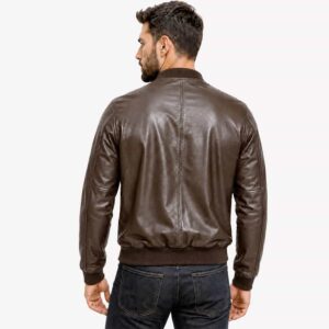 Men's Genuine Black Leather Bomber Jacket Ribbed Collar