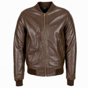 Men's Genuine Black Leather Bomber Jacket Ribbed Collar