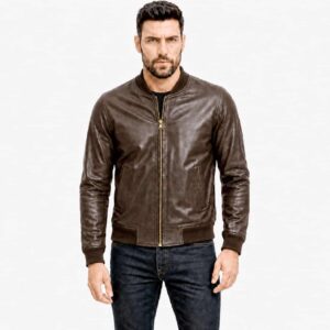 Men's Genuine Black Leather Bomber Jacket Ribbed Collar