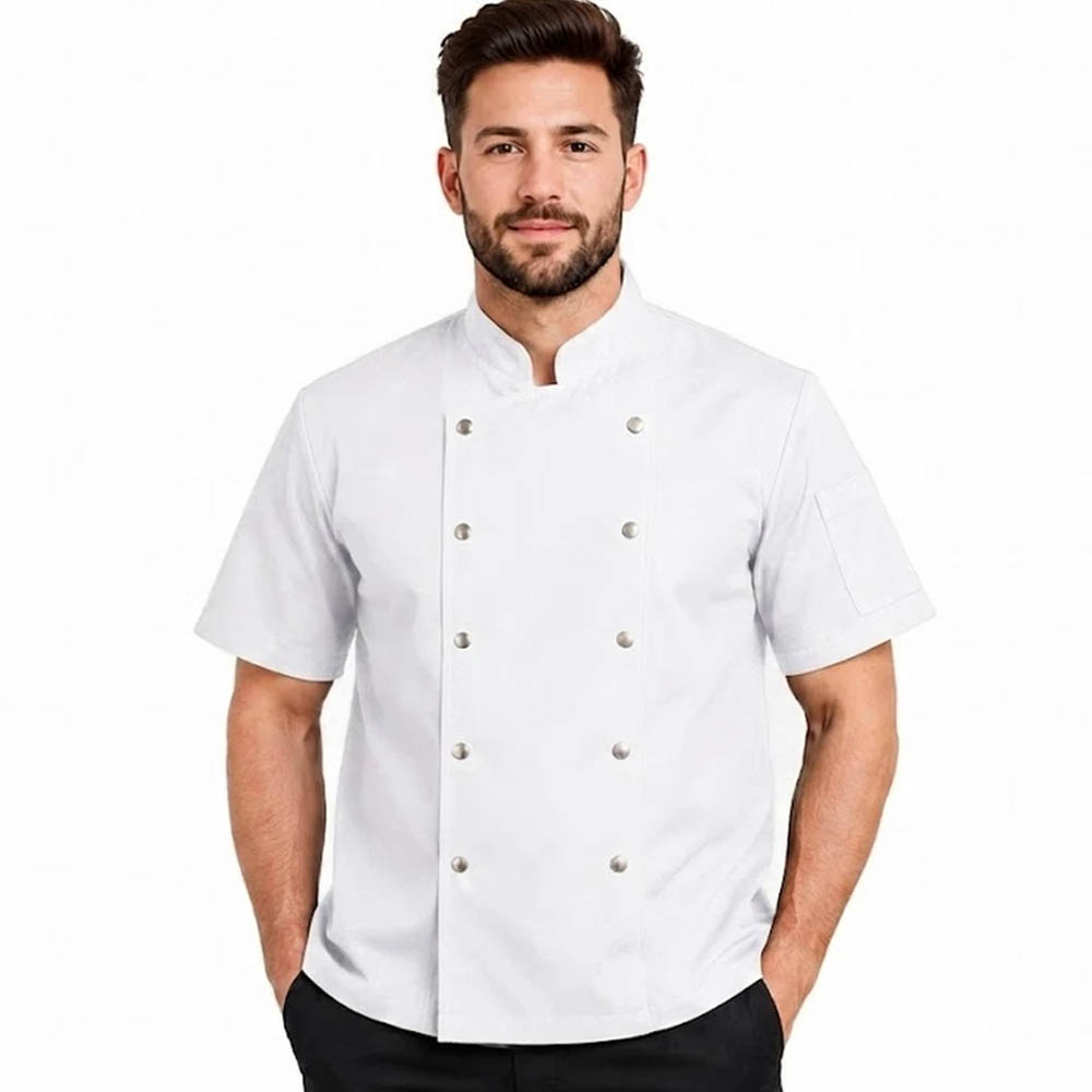 Men's Chef Jacket Short Sleeve Double Breasted Kitchen Coat Men's Chef Jacket Kitchen Uniform Cook Coat for Restaurant Hotel Catering Unisex