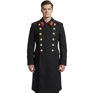 Men's Military Style Black Wool Long Coat Double Breasted Overcoat