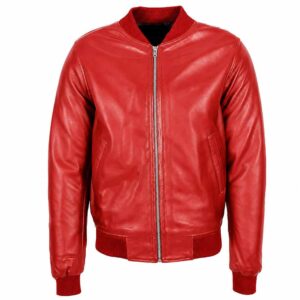 Men's Genuine Black Leather Bomber Jacket Ribbed Collar