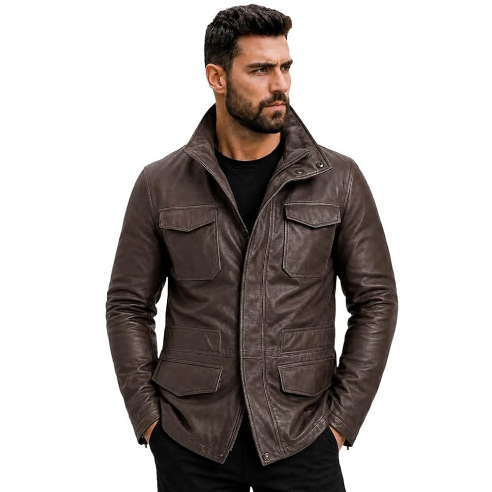 Men’s Military M65 Field Genuine Leather Jacket Men’s Genuine Black Real Sheep Leather M65 Military Field Jacket Vintage Army Classic Brown Leather Coat Multi Pocket Bomber Jackets