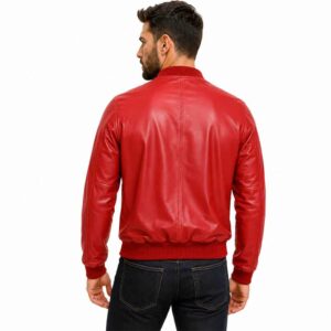 Men's Genuine Black Leather Bomber Jacket Ribbed Collar