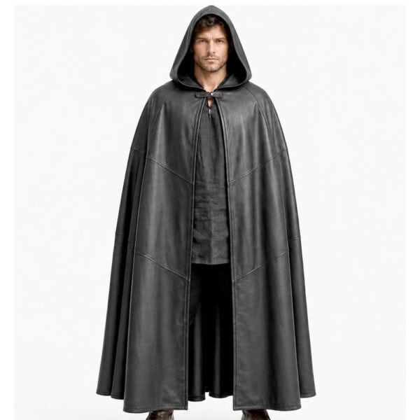 Men's Long Hooded Leather Cloak Medieval Renaissance Style Cape