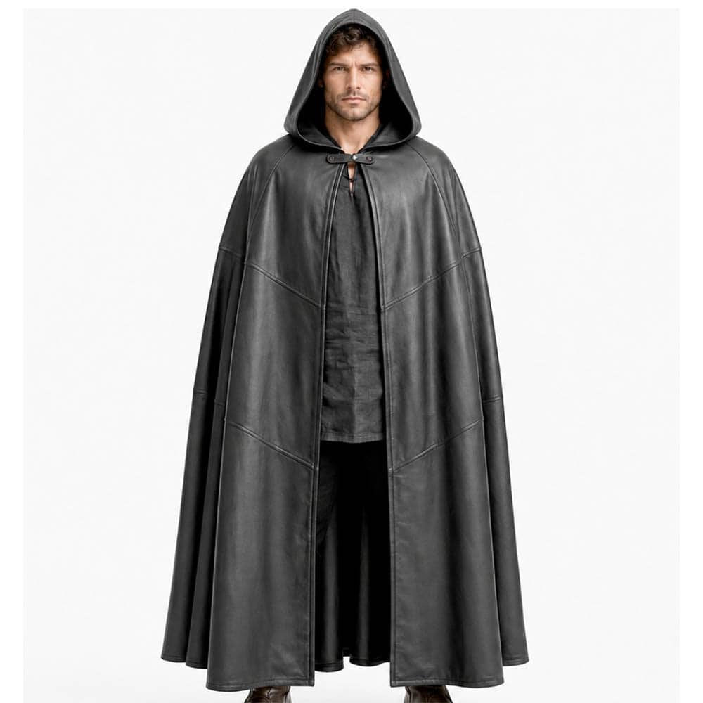 Men's Long Hooded Leather Cloak Medieval Renaissance Style Cape Men's Long Hooded Leather Cloak Medieval Renaissance Style Cape