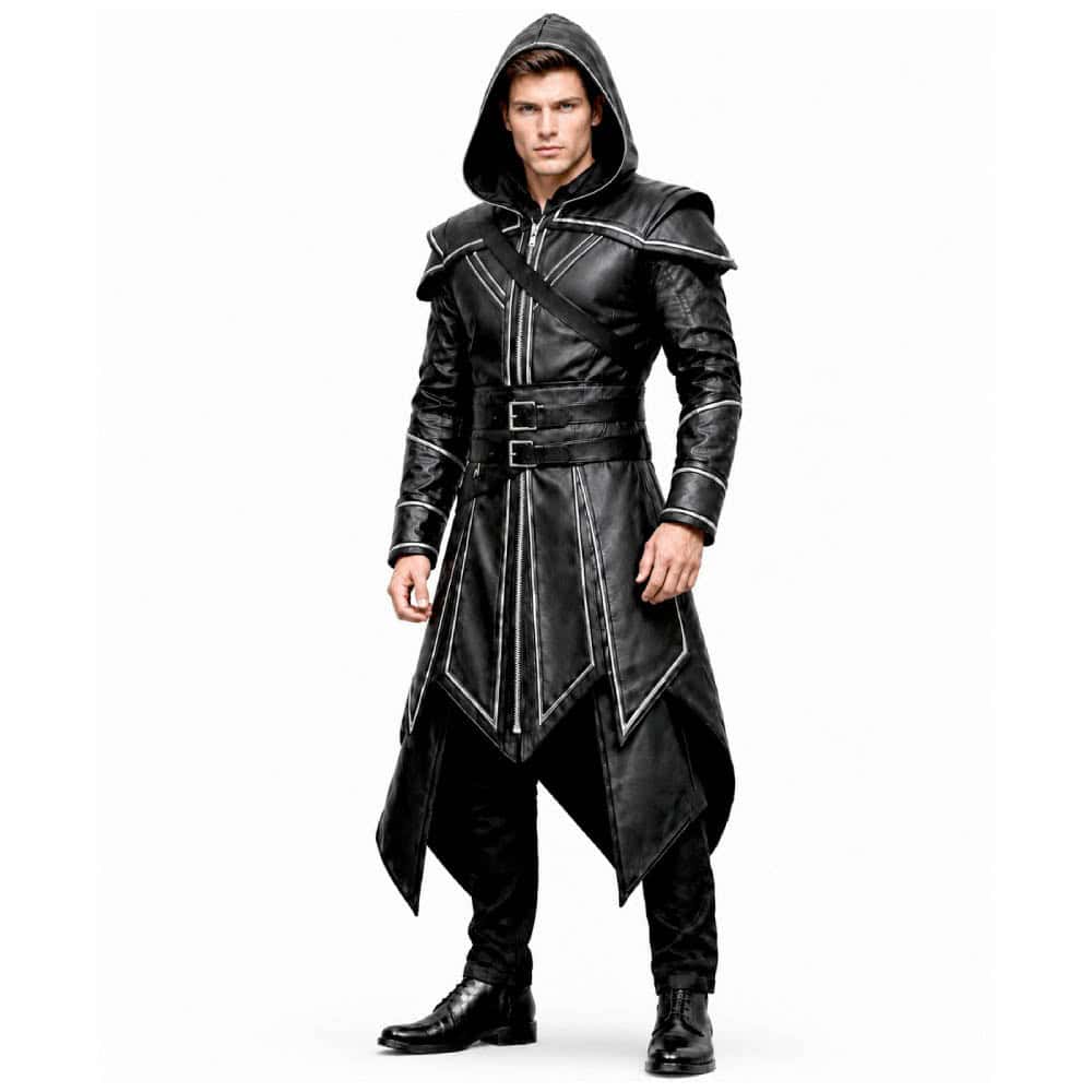 Men's Hooded Leather Trench Coat Gothic Medieval Style Long Coat Men's Hooded Leather Trench Coat Gothic Medieval Style Long Coat
