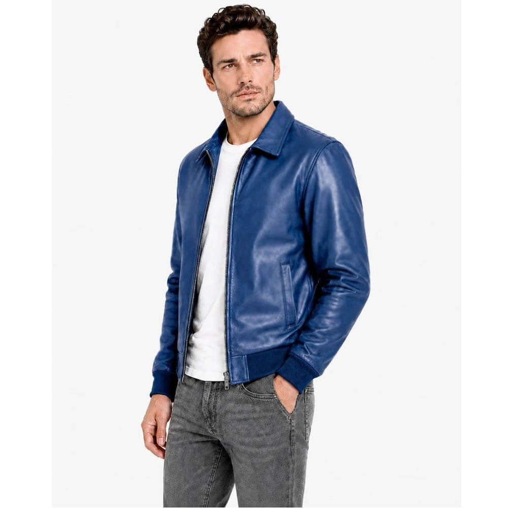 Men's Leather Bomber Jacket with Shirt Collar and Ribbed Cuffs Men's Leather Bomber Jacket with Shirt Collar and Ribbed Cuffs - Image 8