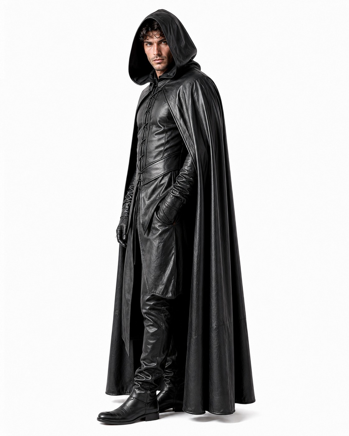 Men's Leather Hooded Cloak Costume Gothic Halloween Outfit Men's Leather Hooded Cloak Costume Gothic Halloween Outfit - Image 3
