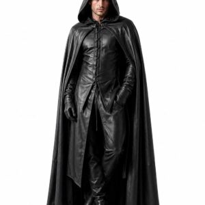 Men's Leather Hooded Cloak Costume Gothic Halloween Outfit