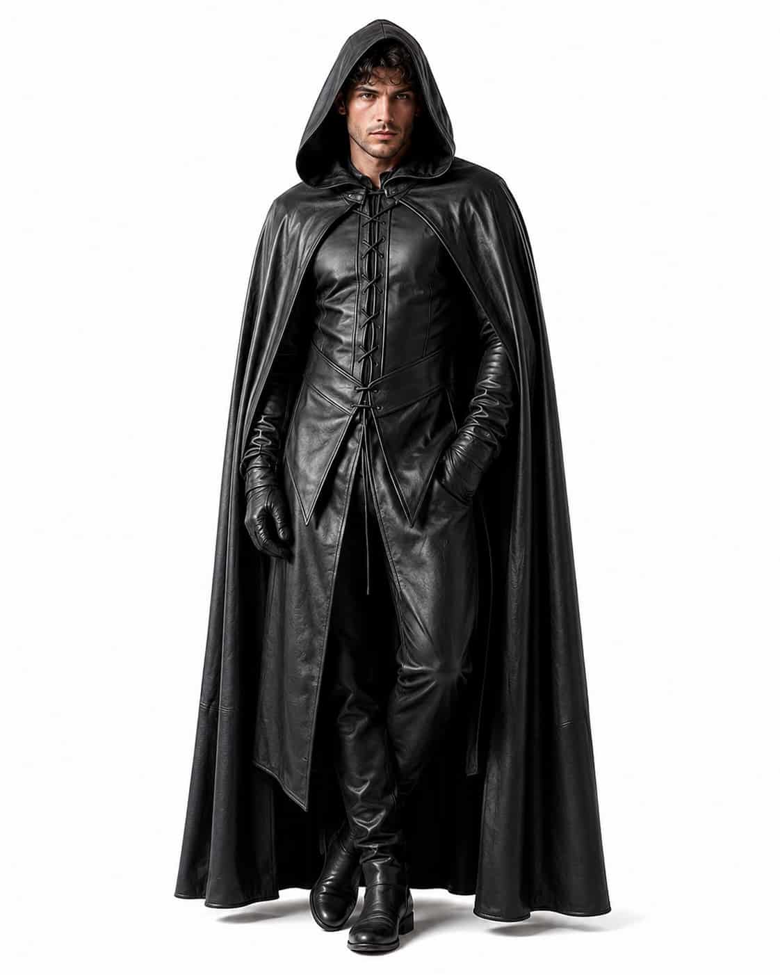 Men's Leather Hooded Cloak Costume Gothic Halloween Outfit Men's Leather Hooded Cloak Costume Gothic Halloween Outfit