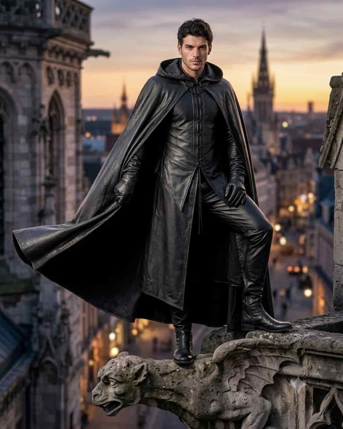 Men's Leather Hooded Cloak Costume Gothic Halloween Outfit Men's Leather Hooded Cloak Costume Gothic Halloween Outfit - Image 2