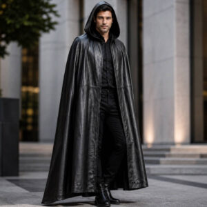 Mens Leather Hooded Cloak Long Gothic Halloween Costume