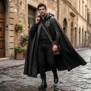 Alternative view of Men's Leather Hooded Cloak Long Gothic Halloween Costume