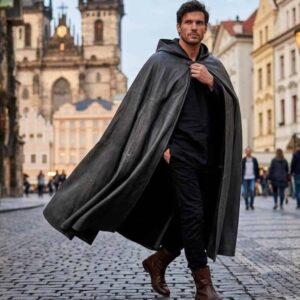 Alternative view of Men's Long Hooded Leather Cloak Medieval Renaissance Style Cape