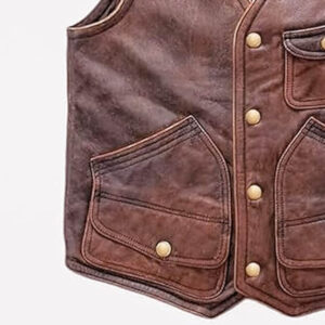 Mens Real Brown Biker Style Genuine Leather Multi Pockets Waistcoat
