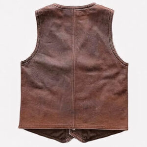Mens Real Leather Brown Biker Style Genuine Leather Multi Pockets Waistcoat