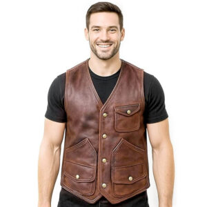 Mens Real Leather Gilet Vest Brown Biker Style Genuine Leather Multi Pockets Waistcoat
