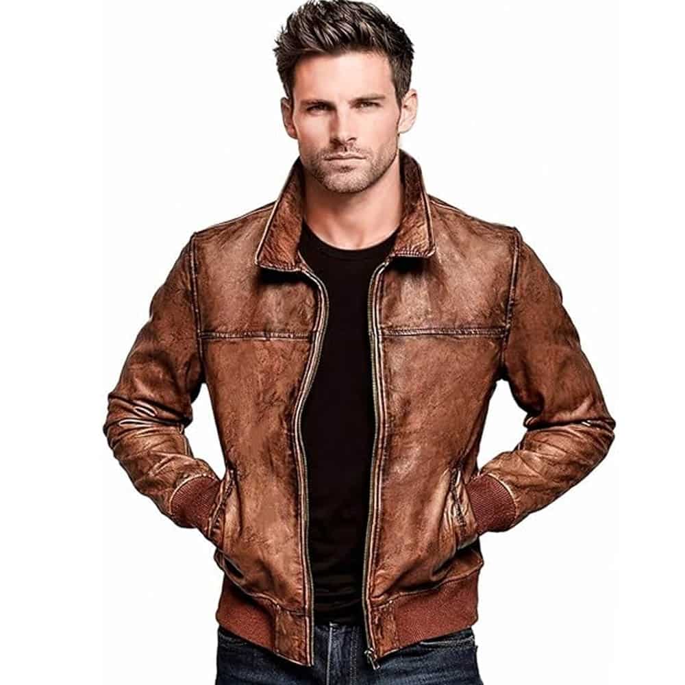 Mens Biker Vintage Bomber Leather Jacket Mens Real Leather Jacket Vintage Biker Cafe Racer Style Genuine Lambskin Soft Distress Leather Motorcycle Bomber Jacket