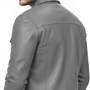 Mens Real Leather Jacket Western Trucker GREY Soft Leather Biker Jacket Winter Warm Casual Leather Jacket