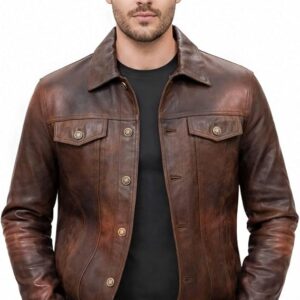 Mens Real Leather Western Trucker Cowboy Style Genuine Soft Sheepskin Leather Biker Jacket Winter Warm Casual Leather Jacket