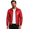 Men's Leather Bomber Jacket with Shirt Collar and Ribbed Cuffs