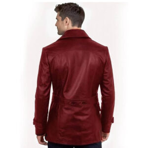 Mens Vintage Black Leather Trench Coat Lambskin Double Breasted Overcoat with Adjustable Belt Lapel Collar
