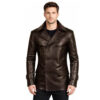 Men's German Style Genuine Leather Peacoat Belted Double Breasted Coat