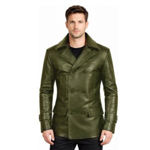 Men's German Style Genuine Leather Peacoat Belted Double Breasted Coat