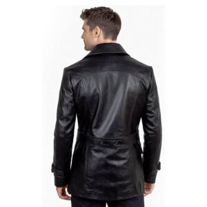 Mens Vintage Black Leather Trench Coat – Lambskin Double Breasted Overcoat with Adjustable Belt Lapel Collar