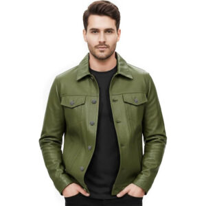 Men's Western Cowboy Leather Jacket olive gree