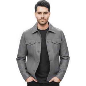 Men's Western Trucker Cowboy Leather Jacket Grey