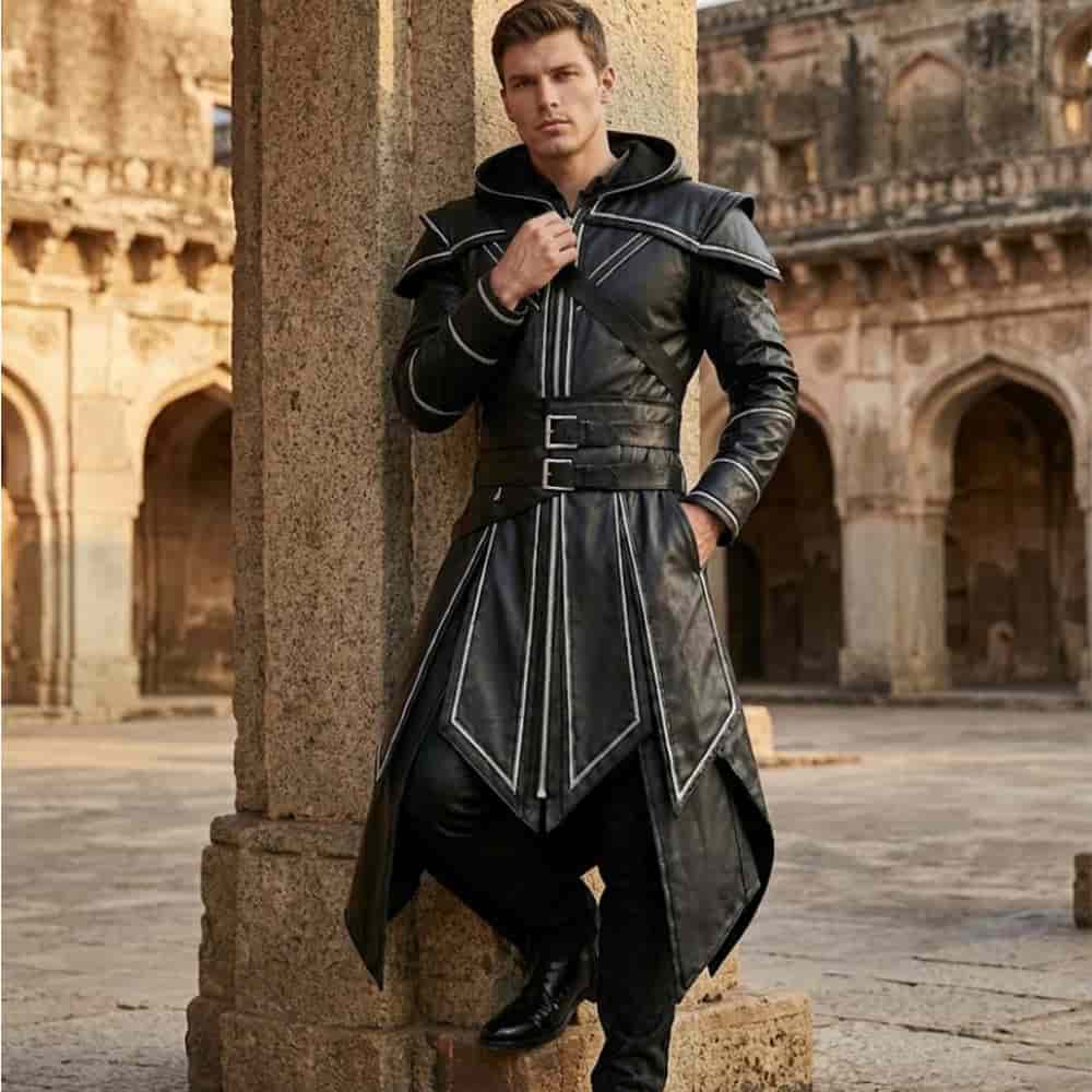 Men's Hooded Leather Trench Coat Gothic Medieval Style Long Coat Men's coat Gothic Medieval Style Long Coat