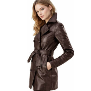 WOMEN LADIES LADIES OUTERWEAR LONG LEATHER TRENCH COAT