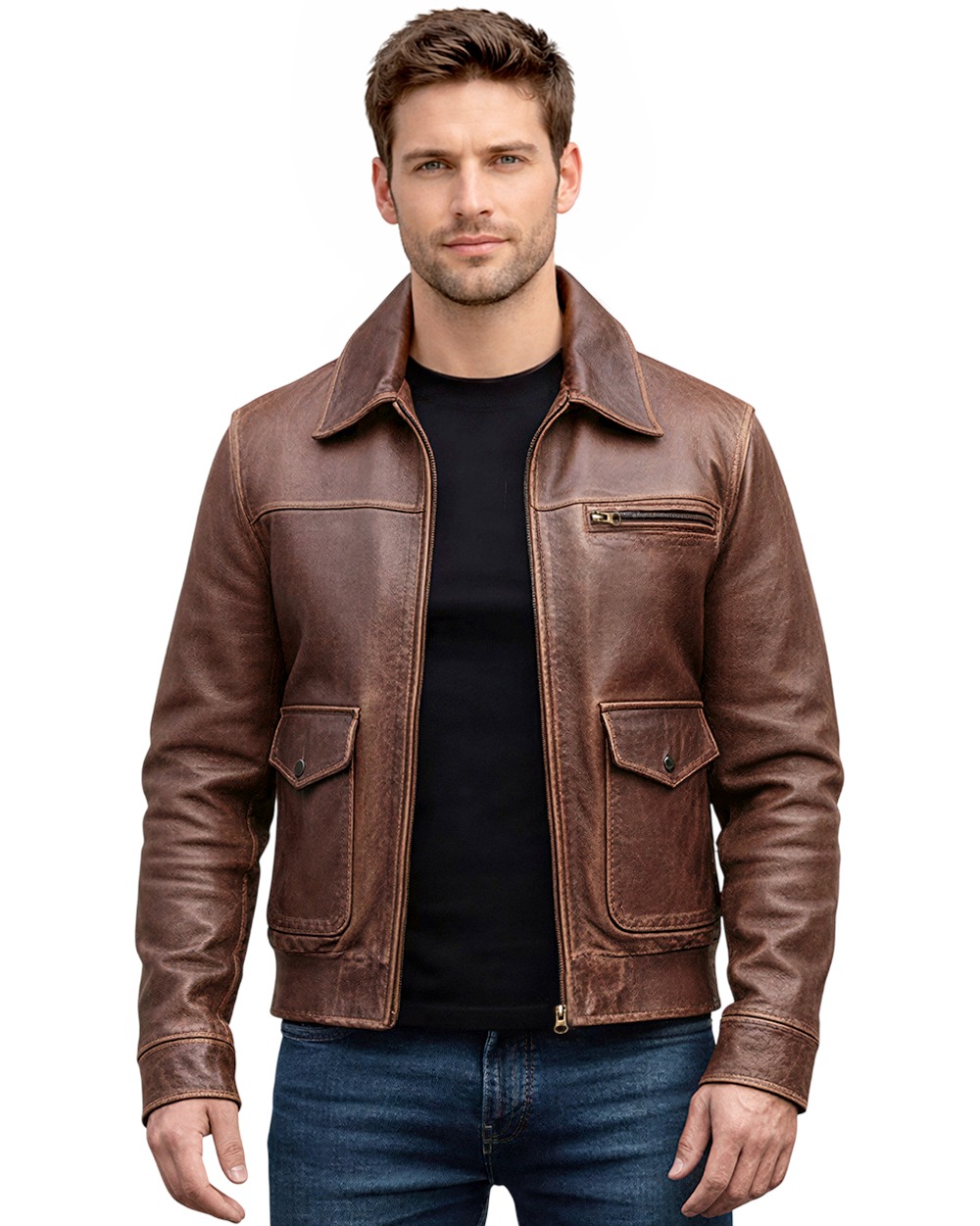 Distressed Brown Leather Jacket - Classic Zip Front Distressed Brown Leather Jacket - Classic Zip Front