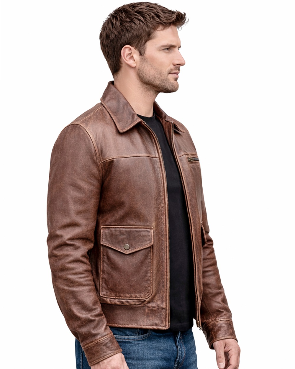 Distressed Brown Leather Jacket - Classic Zip Front Distressed Brown Leather Jacket - Classic Zip Front - Image 4