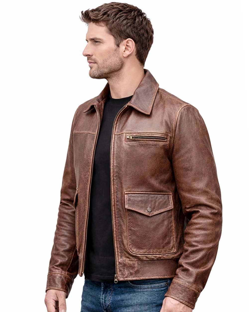 Distressed Brown Leather Jacket - Classic Zip Front Distressed Brown Leather Jacket - Classic Zip Front - Image 3