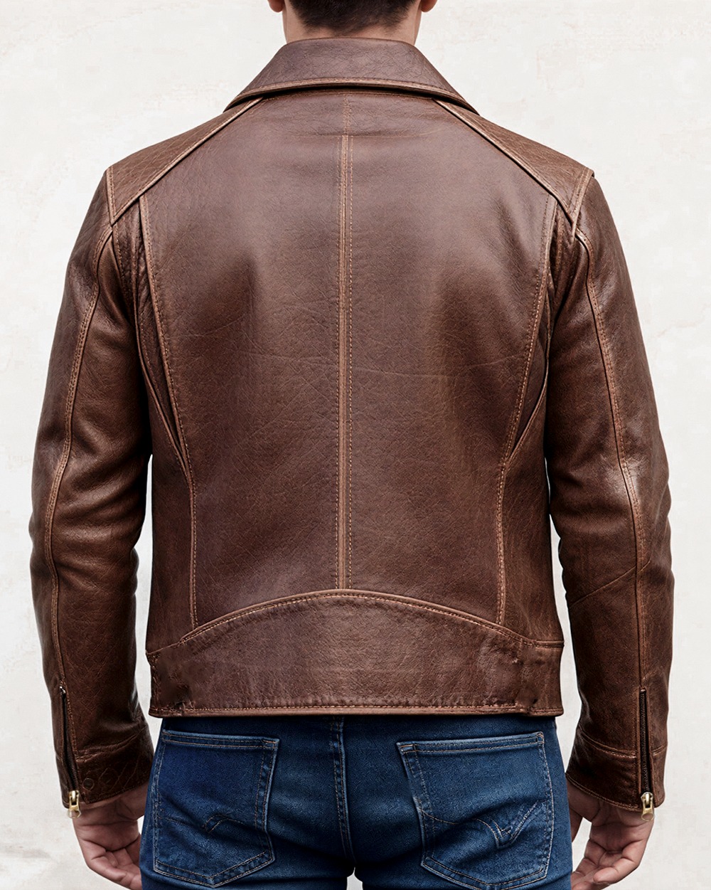 Distressed Brown Leather Jacket - Classic Zip Front Distressed Brown Leather Jacket - Classic Zip Front - Image 2