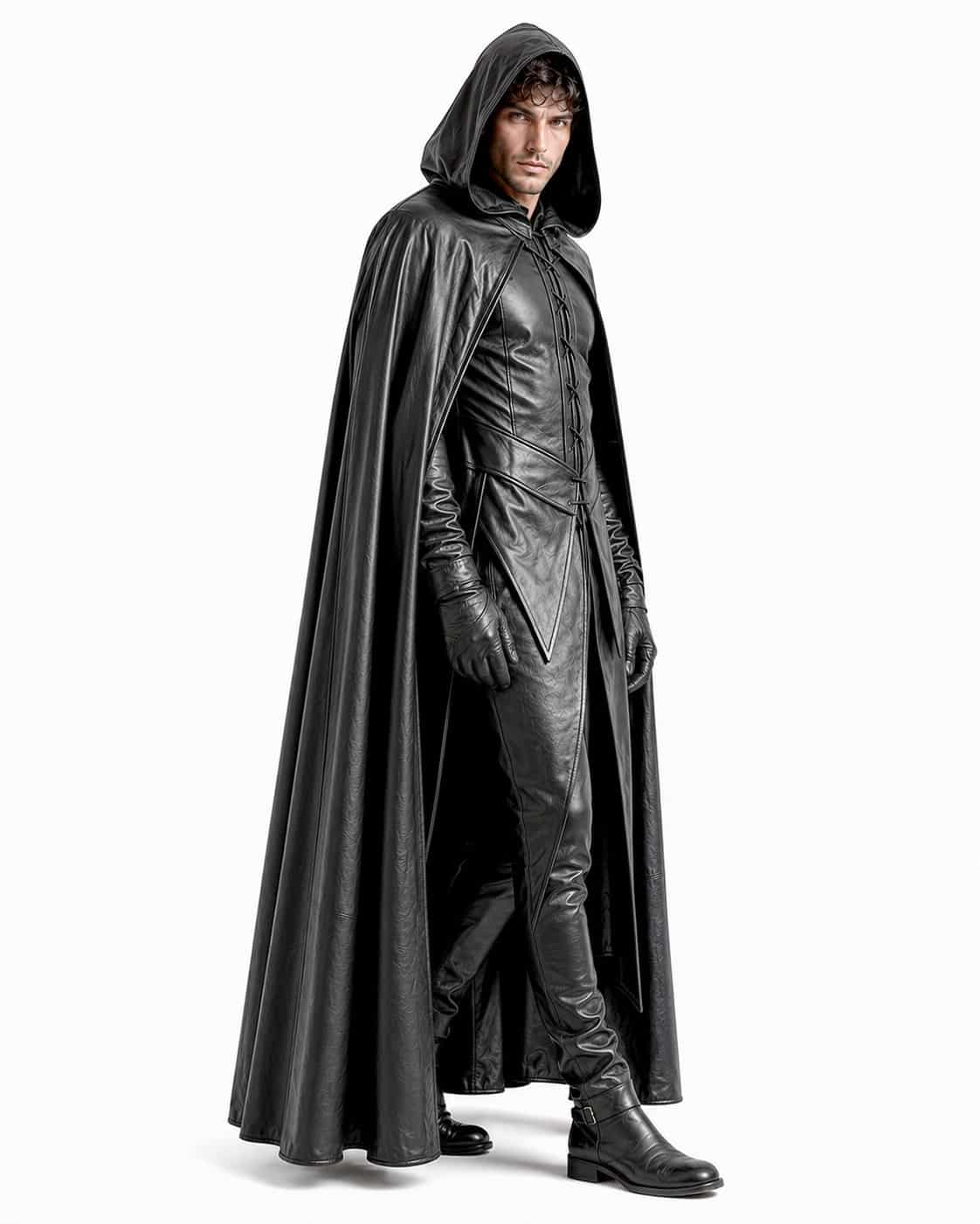 Men's Leather Hooded Cloak Costume Gothic Halloween Outfit Men's Leather Hooded Cloak Costume Gothic Halloween Outfit - Image 5