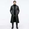 Men's Black Leather Trench Coat - Full-Length with Buckle Straps