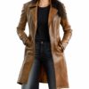 Women's Brown Wax Leather Coat - Longline Trench Style
