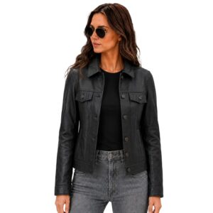 Alternative view of Women's Black Leather Trucker Jacket - Classic Fitted Style