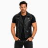 Men's Black Leather Biker Vest - Zip Front with Buckle Straps