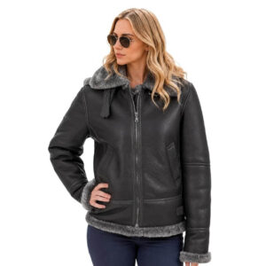 Womens B3 Bomber Hooded Classic RAF Genuine Sheepskin Jacket Aviator WW2 Faux Fur Warm Winter Leather Jacket 1