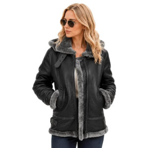 Womens B3 Bomber Hooded Classic RAF Genuine Sheepskin Leather Jacket Aviator WW2 Faux Fur Warm Winter Leather Jacket 2