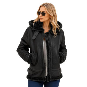 Alternative view of Women's B3 Bomber Jacket Hooded Aviator Sheepskin Leather Coat