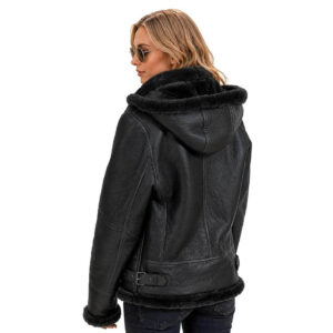Womens B3 Bomber Hooded Classic RAF Leather Jacket Aviator WW2 Faux Fur Warm Winter Leather Jacket